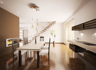 Moderne Küche mit Kamin interior 3d render