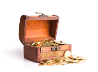 Wooden chest  filled with coins