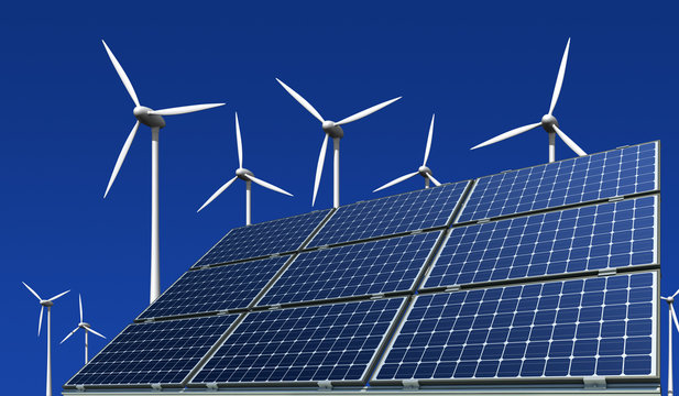 Monokristalline Solarmodule vor Windkraftr&auml;der