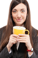 Portrait of  girl in business suit with cup