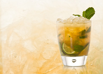 Mojito cocktail with textured ice background