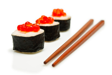 sushi with caviar is isolated on a white background