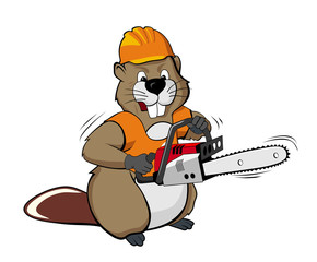 Beaver wearing a helmet and holding a chain saw © Vasca