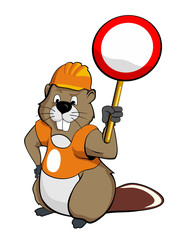 Beaver wearing a helmet and holding a sign