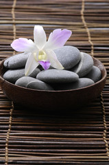 Bowl of white orchid on pebble