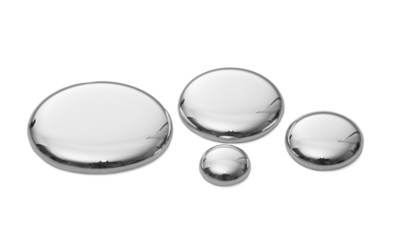 Droplets of mercury isolated on white. - obrazy, fototapety, plakaty
