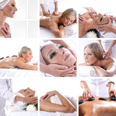 Obraz na płótnie Canvas A collage of images with young women on spa procedures