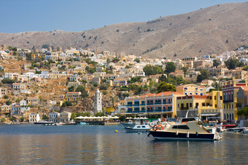 Boats in bay of Symi island, Greece