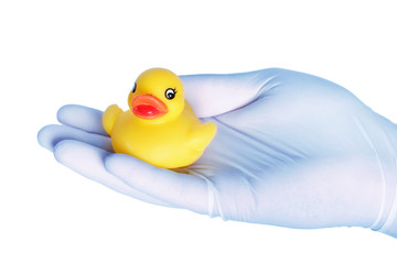 Holding toy duck with protective gloved hand