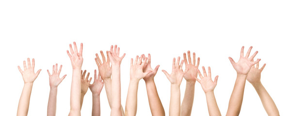 Group of Hands in the air - obrazy, fototapety, plakaty
