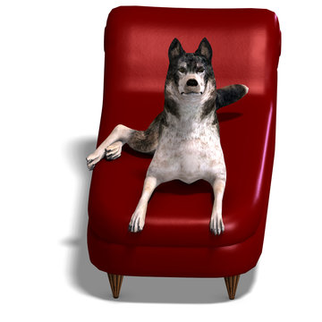 Grey Wolf. 3D rendering with clipping path and shadow over white