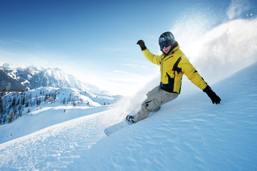 Freeride snowboarding photo in deep powder - obrazy, fototapety, plakaty