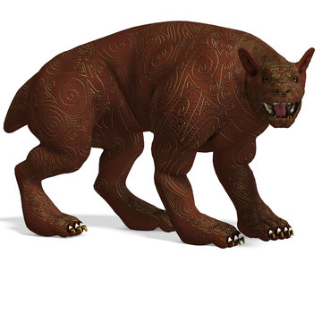 mythologic dog creature with golden skin. 3D rendering with