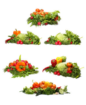 A collage of images with fresh and vegetables on white