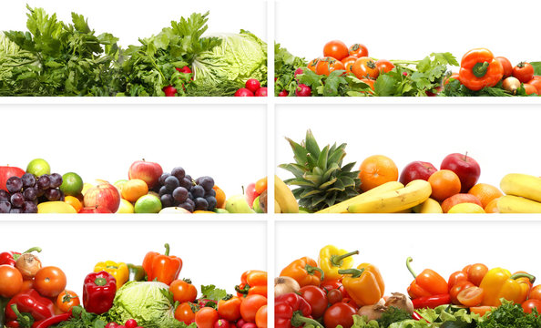 A collage of images with fresh and tasty fruits and vegetables