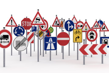 A lot of traffic signs over white background