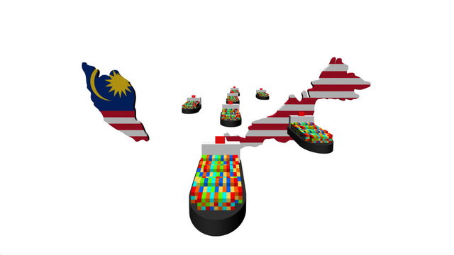 Malaysia map flag with container ships depart animation