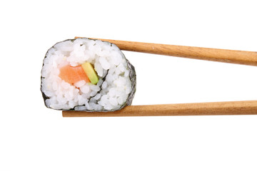 eating sushi on white background