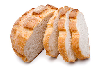 Traditional homemade round bread, sliced, isolated on a white ba