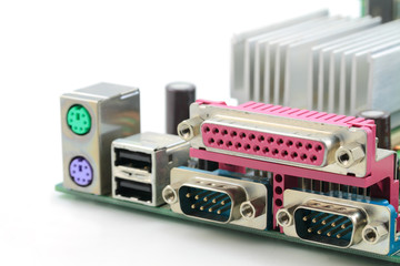 Connection ports on motherboard. Shallow DOF