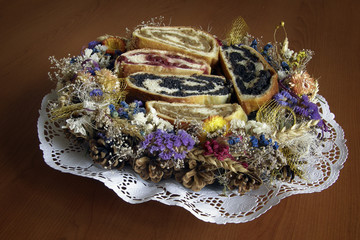 Strudel on a plate decorated