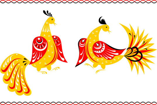 Fairy birds in the Gorodets painting style