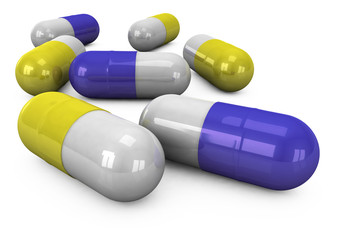 3d different tablets and pills on a white background