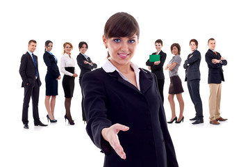 Isolated business team, focus on woman with handshake gesture