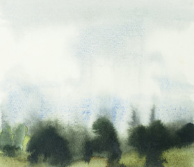 Abstract watercolor landscape. Field under a cloudy sky