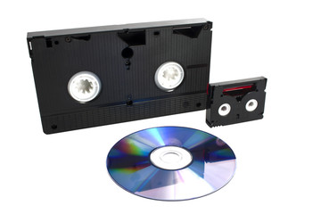 videocassette and digital disc isolated on white background