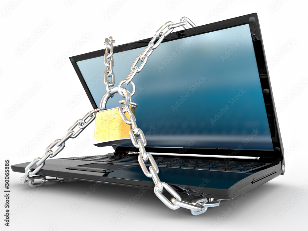 Aufkleber laptop with chains and lock on white isolated background