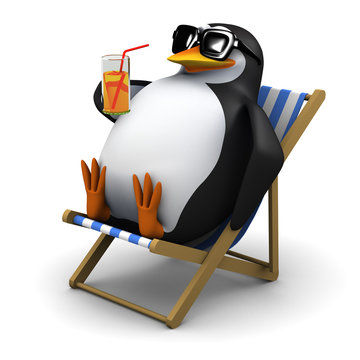 3d Penguin relaxes in his deck chair with a cool glass