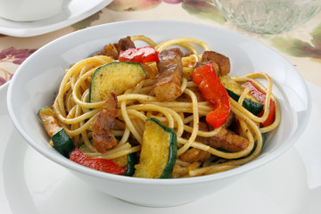 Pasta with meat,paprika and zucchini