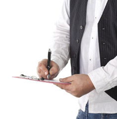 Businessman writes on clipboard, isolated over white background