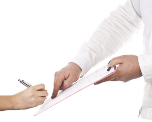 Female is signing a contract