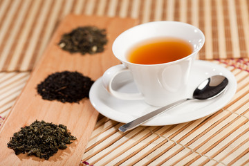 Cup of tea and dried tea leaves