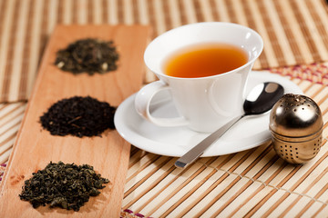 Cup of tea and dried tea leaves