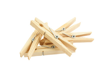 Wooden clothespins isolated on white background