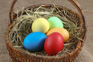 gefärbte Ostereier in einem Korb mit Gras