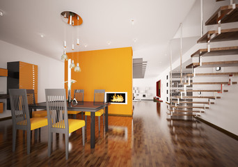 Moderne orange Küche mit Kamin und Treppe interior 3d render