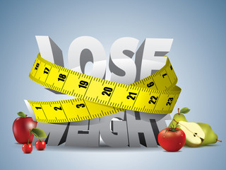 Lose weight text with measure tape and fruits