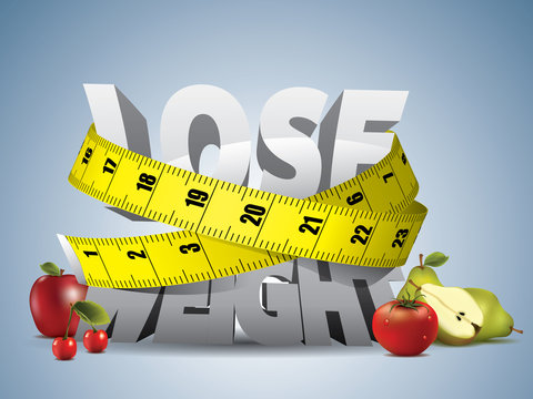 Lose weight text with measure tape and fruits