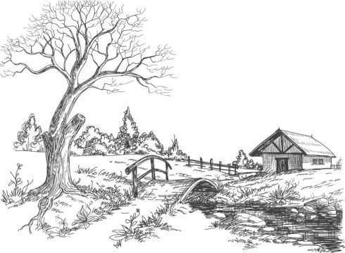 Black And White Village House Pencil Sketch Size 30 X 22 Inch
