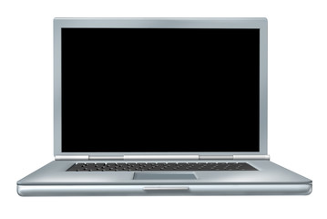 Laptop with black blank screen isolated on white