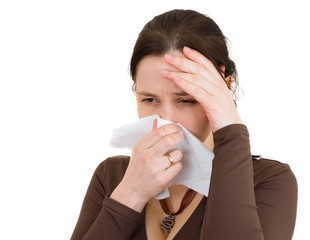 Attractive girl got a cold. All on white background