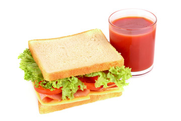 Sandwich with tomato juice isolated on white