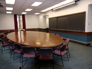 university seminar room with oval table