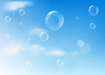 Blue background with realistic bubbles. Vector