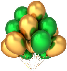 Party balloons colored golden and green. Beautiful decoration