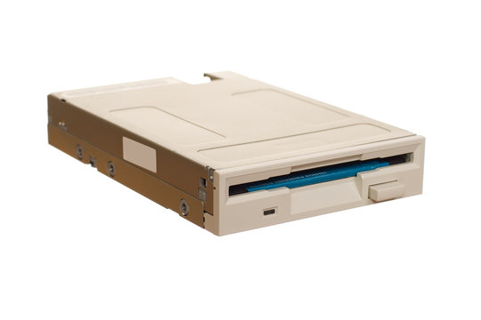 Floppy disk drive with diskette inserted isolated over white